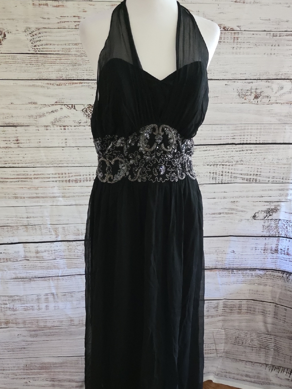 Scala Black Silk Halter Evening Gown with Beaded Waist Size 12